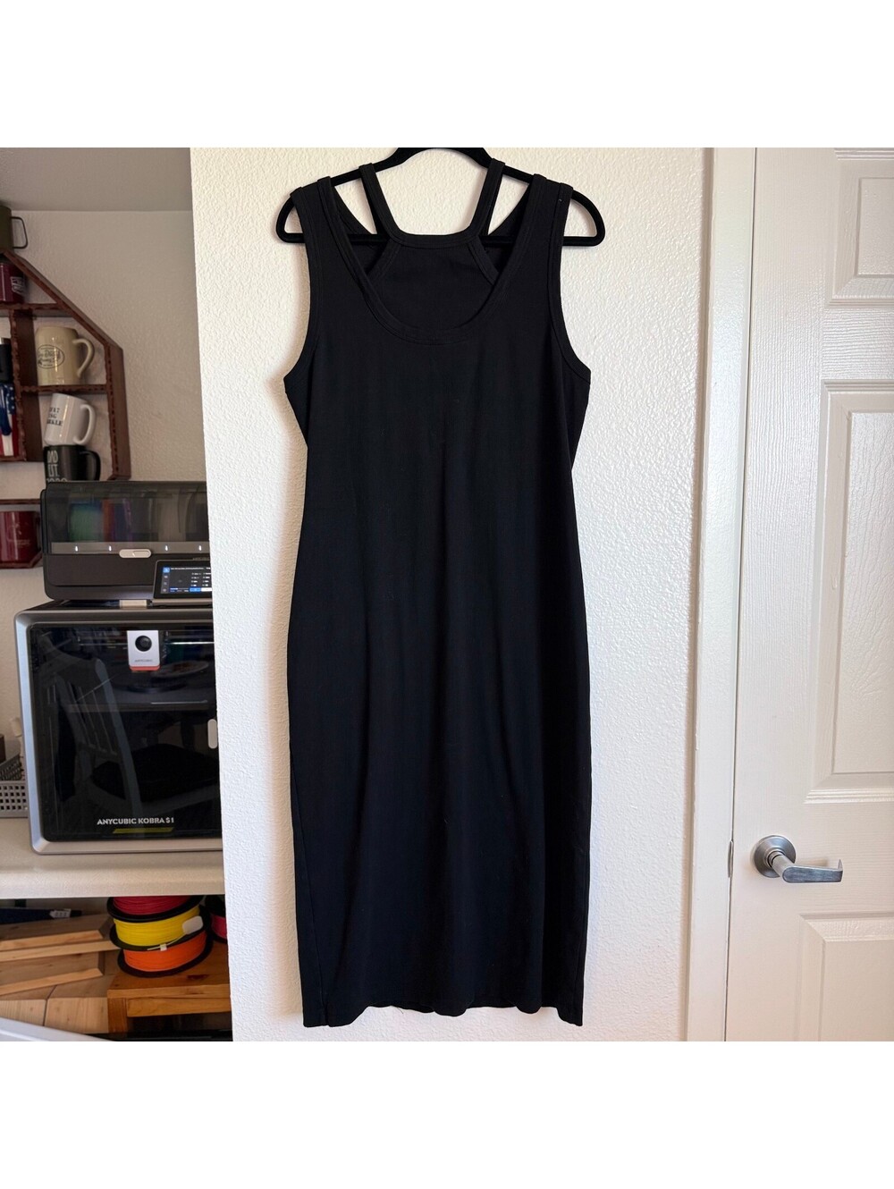 T.La Anthropologie Black Ribbed Cutout Tank Maxi Dress 1X 100% Cotton